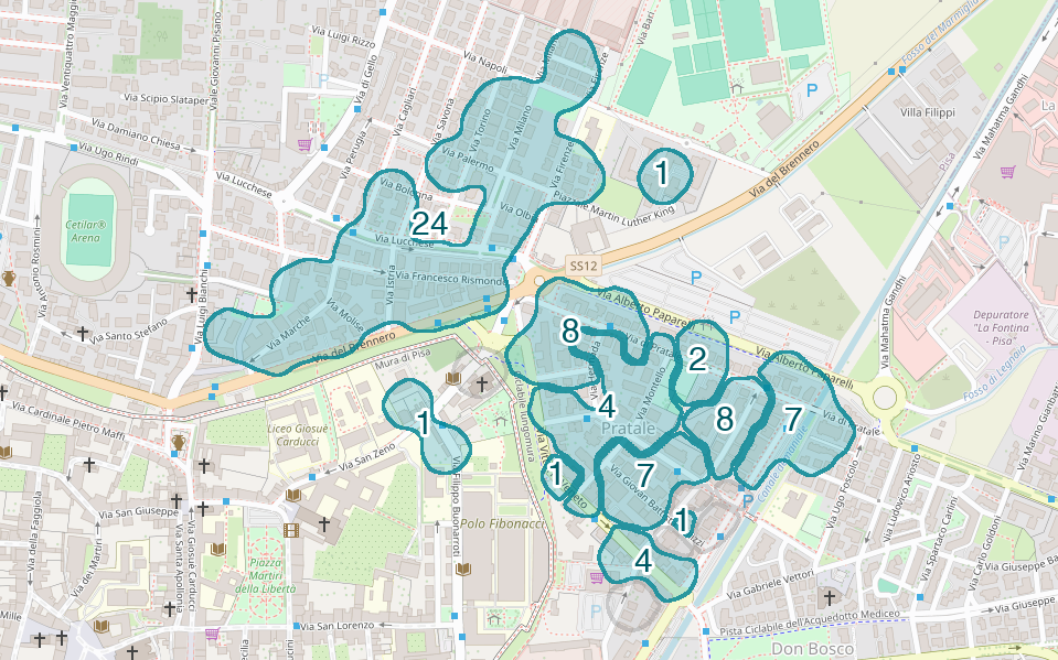 Mappa delle compravendite a Pratale, raggruppate in aree disegnate attorno alle vendite, con il conteggio di ogni area