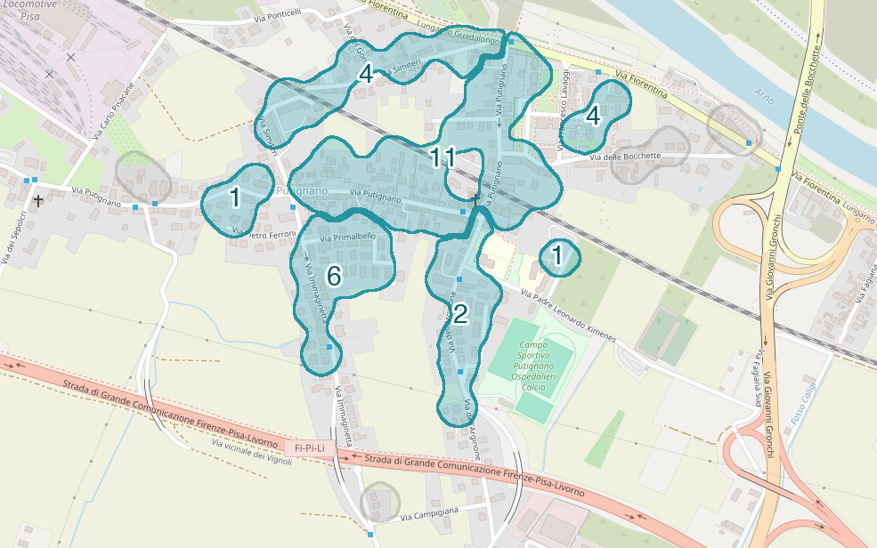 Mappa delle compravendite a Putignano, raggruppate in aree disegnate attorno alle vendite, con il conteggio di ogni area