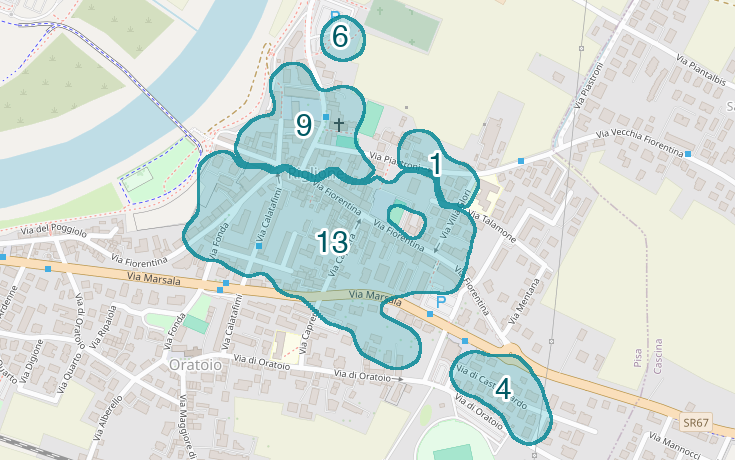 Mappa delle compravendite a Riglione, raggruppate in aree disegnate attorno alle vendite, con il conteggio di ogni area