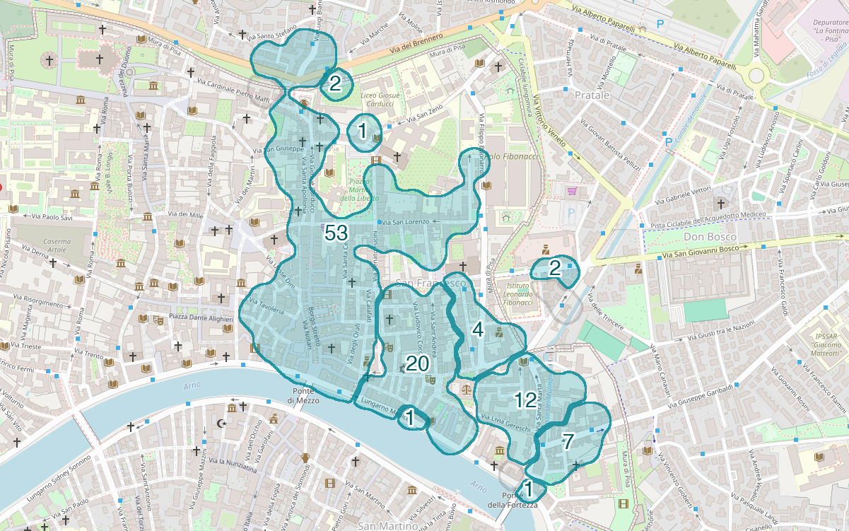 Mappa delle compravendite a San Francesco, raggruppate in aree disegnate attorno alle vendite, con il conteggio di ogni area