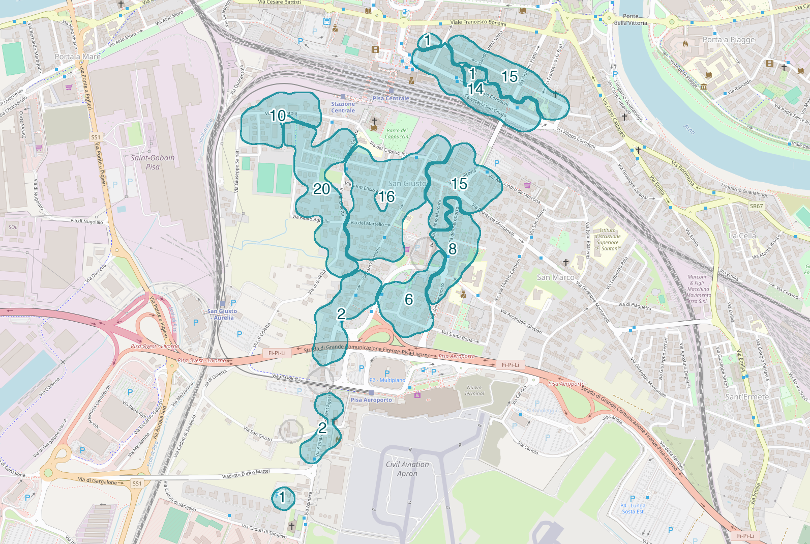Mappa delle compravendite a San Giusto, raggruppate in aree disegnate attorno alle vendite, con il conteggio di ogni area