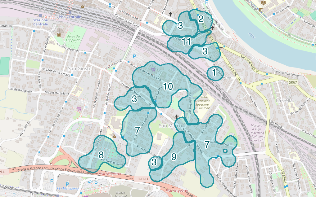 Mappa delle compravendite a San Marco, raggruppate in aree disegnate attorno alle vendite, con il conteggio di ogni area