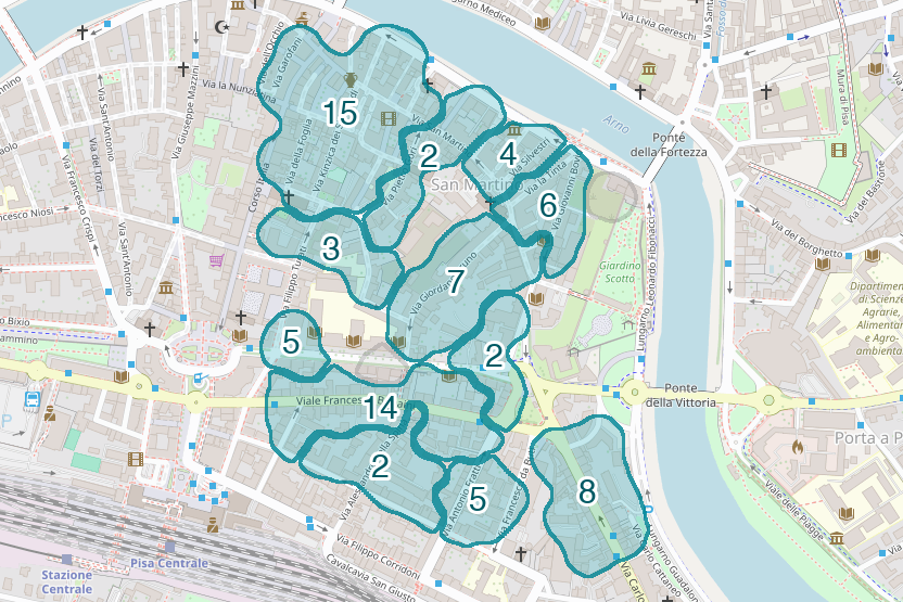 Mappa delle compravendite a San Martino, raggruppate in aree disegnate attorno alle vendite, con il conteggio di ogni area