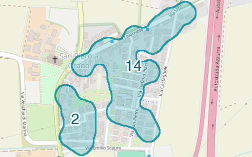 Mappa delle compravendite a San Piero a Grado, raggruppate in aree disegnate attorno alle vendite, con il conteggio di ogni area