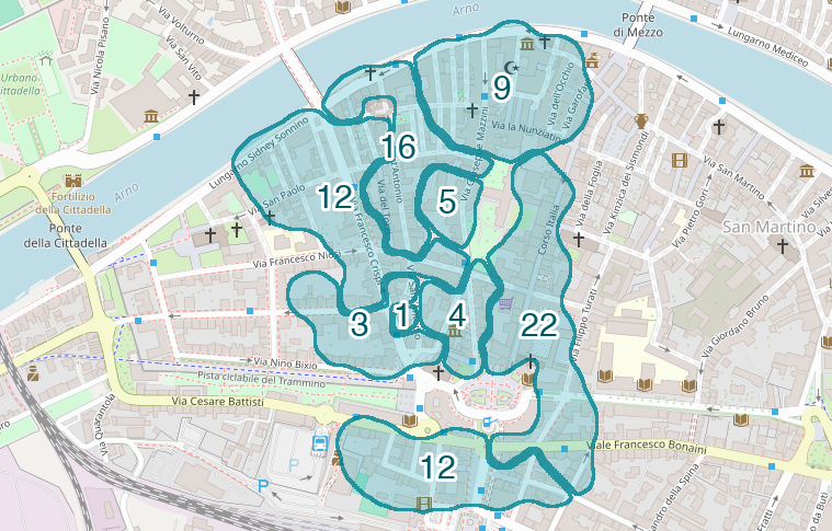 Mappa delle compravendite a Sant'Antonio, raggruppate in aree disegnate attorno alle vendite, con il conteggio di ogni area