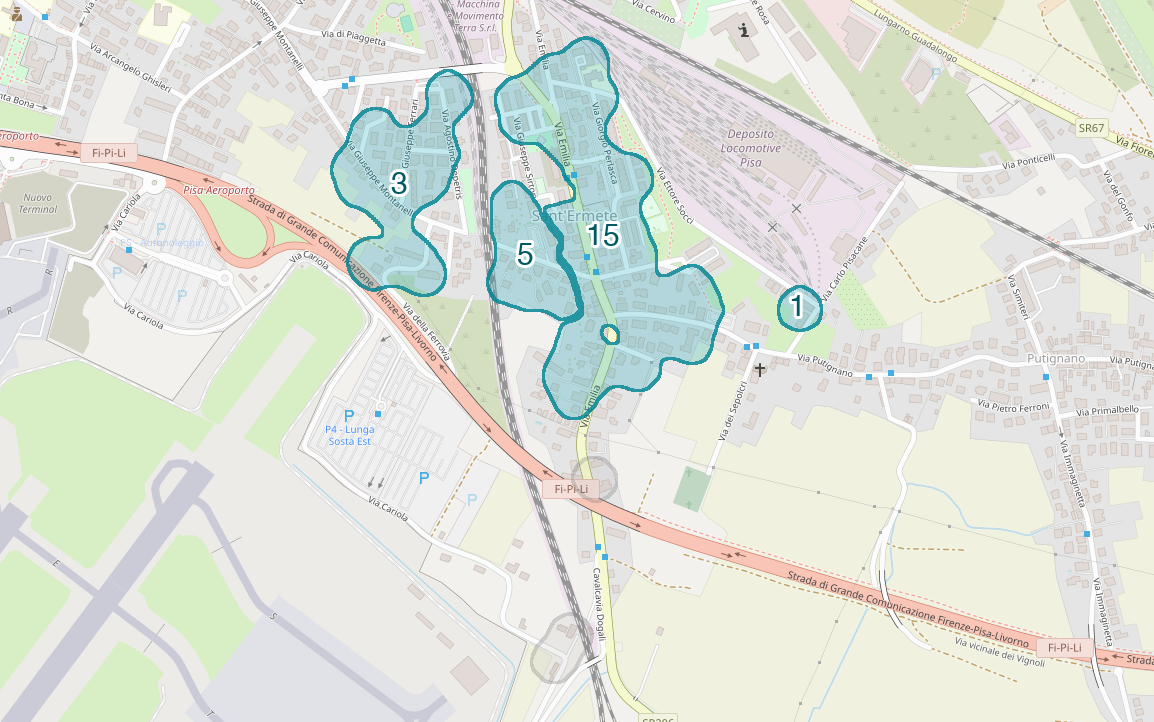 Mappa delle compravendite a Sant'Ermete, raggruppate in aree disegnate attorno alle vendite, con il conteggio di ogni area
