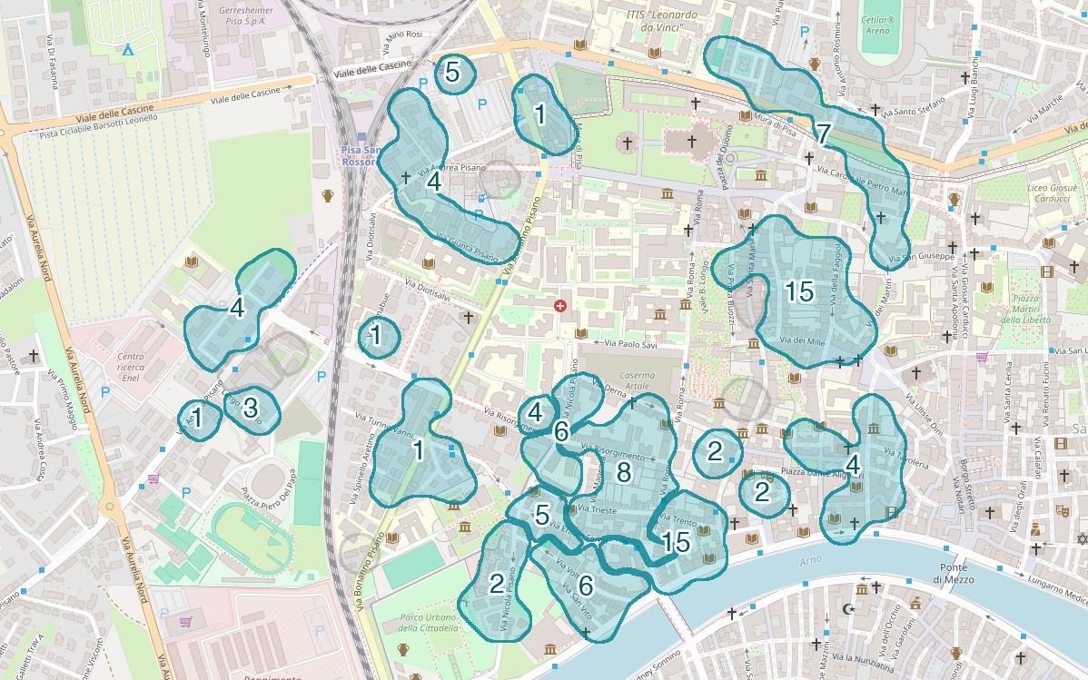 Mappa delle compravendite a Santa Maria, raggruppate in aree disegnate attorno alle vendite, con il conteggio di ogni area