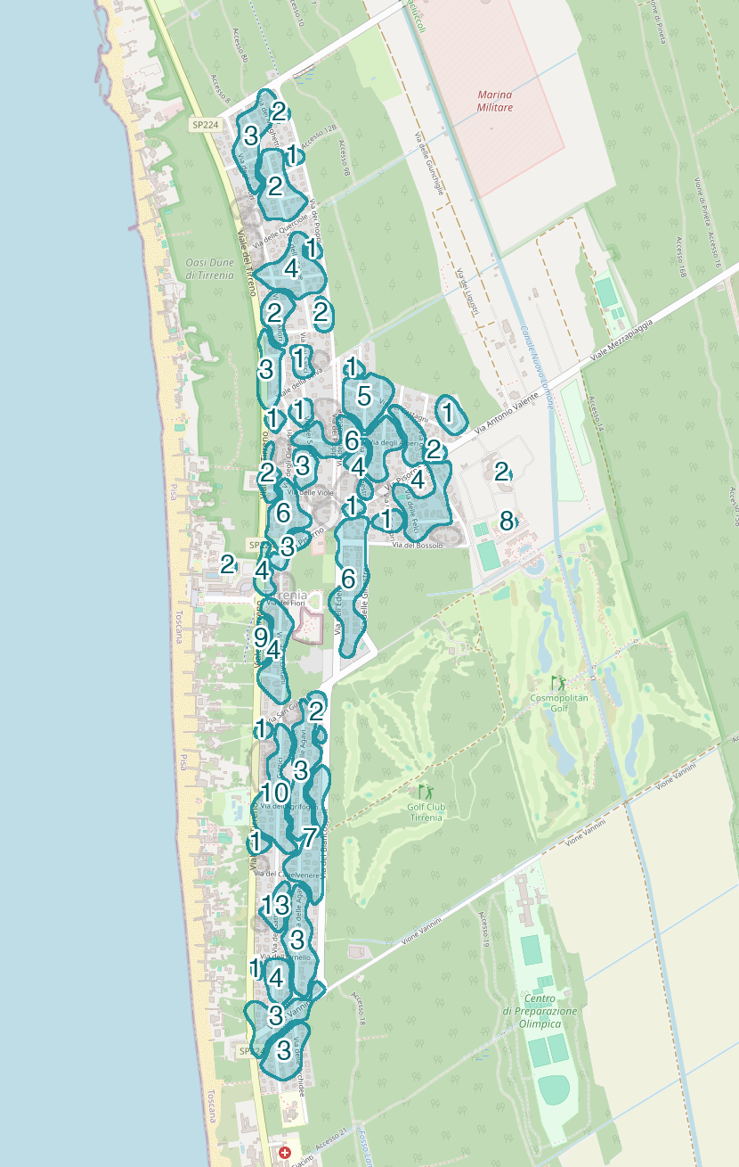 Mappa delle compravendite a Tirrenia, raggruppate in aree disegnate attorno alle vendite, con il conteggio di ogni area