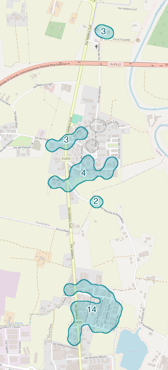 Mappa delle compravendite a La Borra, raggruppate in aree disegnate attorno alle vendite, con il conteggio di ogni area
