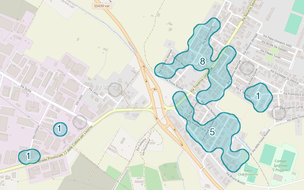 Mappa delle compravendite a La Turchia, raggruppate in aree disegnate attorno alle vendite, con il conteggio di ogni area