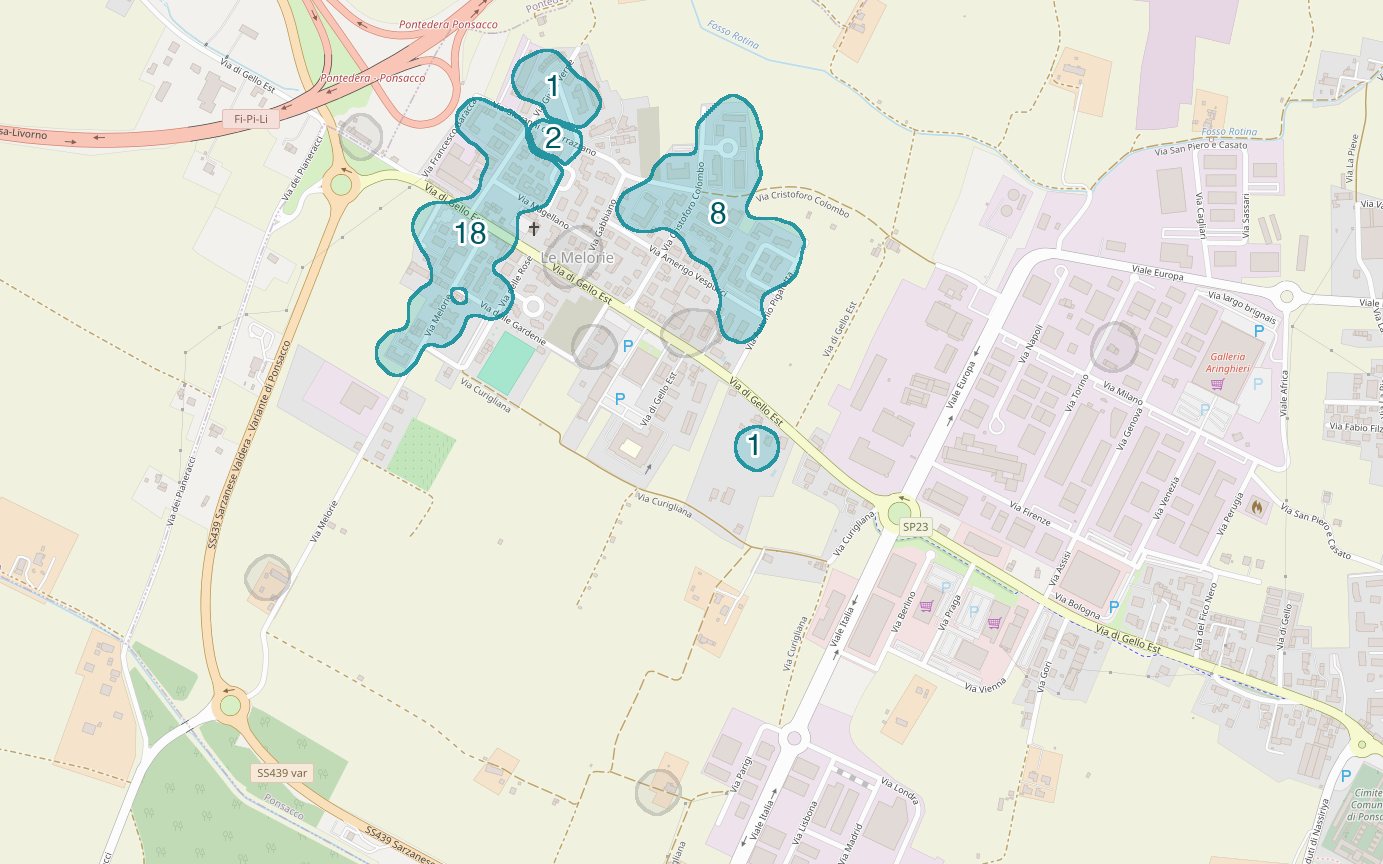 Mappa delle compravendite a Le Melorie, raggruppate in aree disegnate attorno alle vendite, con il conteggio di ogni area