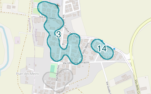 Mappa delle compravendite a Pian dei Meini, raggruppate in aree disegnate attorno alle vendite, con il conteggio di ogni area