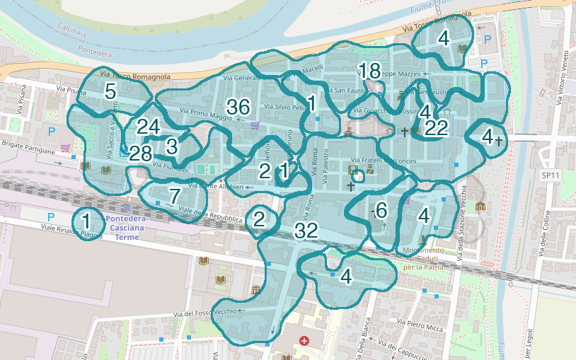 Mappa delle compravendite a Pontedera Centro, raggruppate in aree disegnate attorno alle vendite, con il conteggio di ogni area