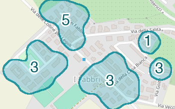 Mappa delle compravendite a I Fabbri, raggruppate in aree disegnate attorno alle vendite, con il conteggio di ogni area