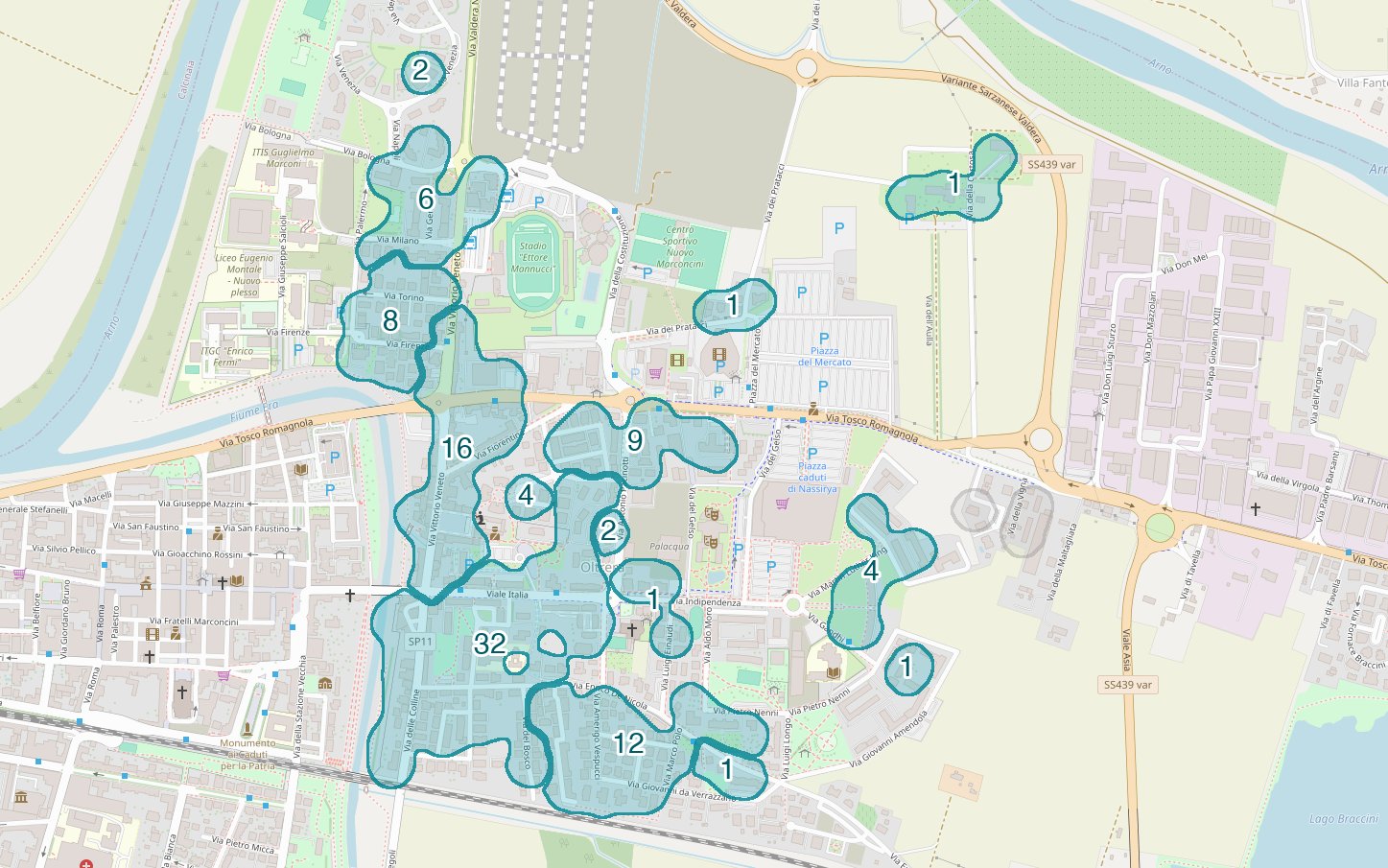 Mappa delle compravendite a Oltrera, raggruppate in aree disegnate attorno alle vendite, con il conteggio di ogni area