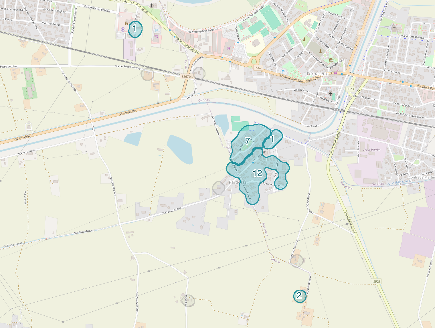 Mappa delle compravendite a Pardossi, raggruppate in aree disegnate attorno alle vendite, con il conteggio di ogni area