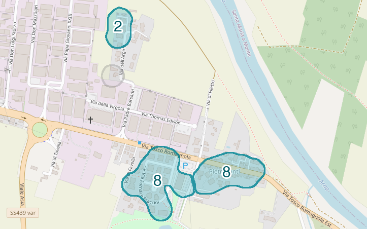 Mappa delle compravendite a Pietroconti, raggruppate in aree disegnate attorno alle vendite, con il conteggio di ogni area