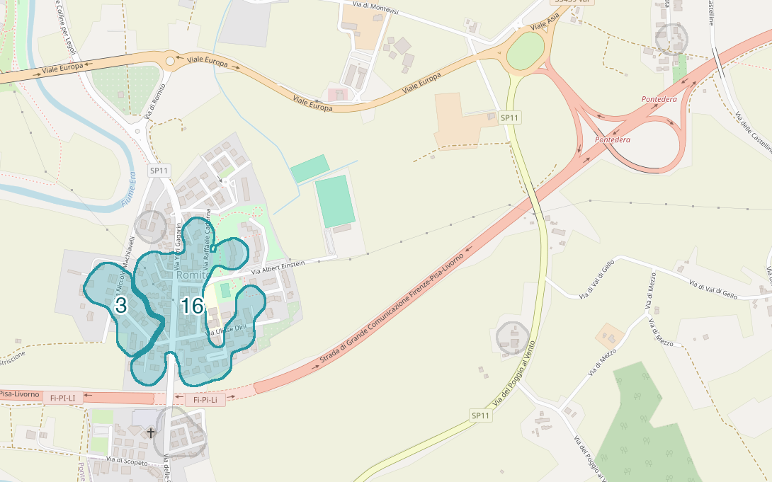 Mappa delle compravendite a Romito, raggruppate in aree disegnate attorno alle vendite, con il conteggio di ogni area