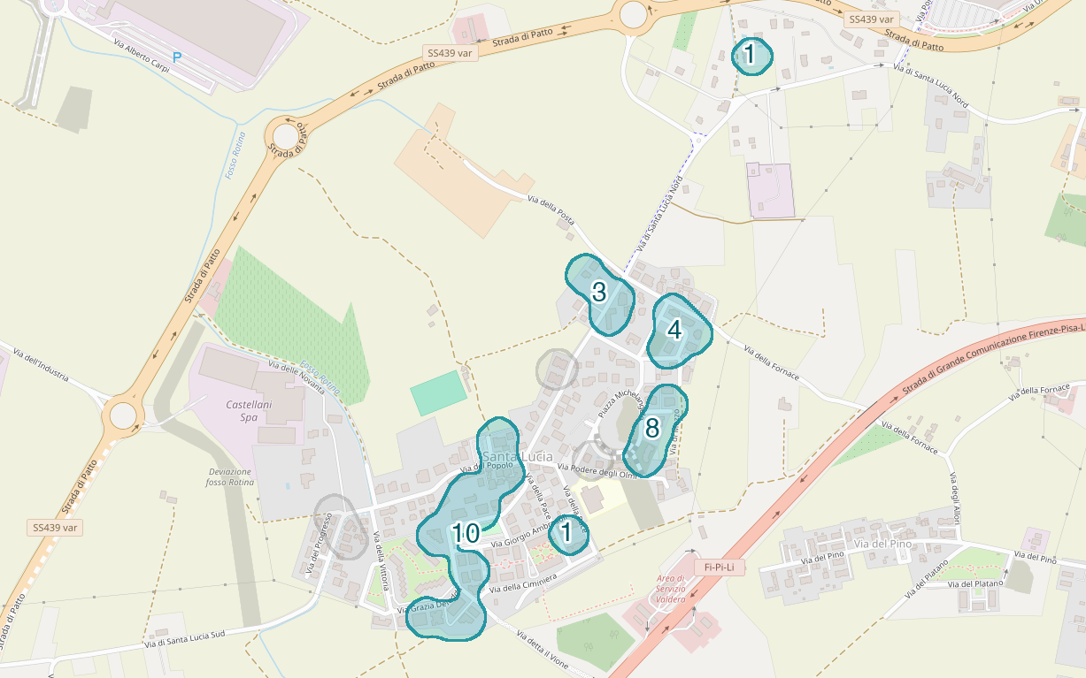 Mappa delle compravendite a Santa Lucia, raggruppate in aree disegnate attorno alle vendite, con il conteggio di ogni area
