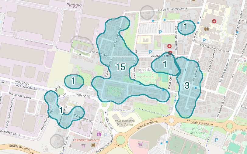 Mappa delle compravendite a Sozzifanti, raggruppate in aree disegnate attorno alle vendite, con il conteggio di ogni area