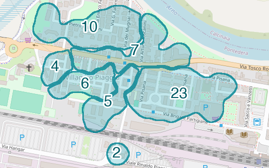 Mappa delle compravendite a Villaggio Piaggio, raggruppate in aree disegnate attorno alle vendite, con il conteggio di ogni area