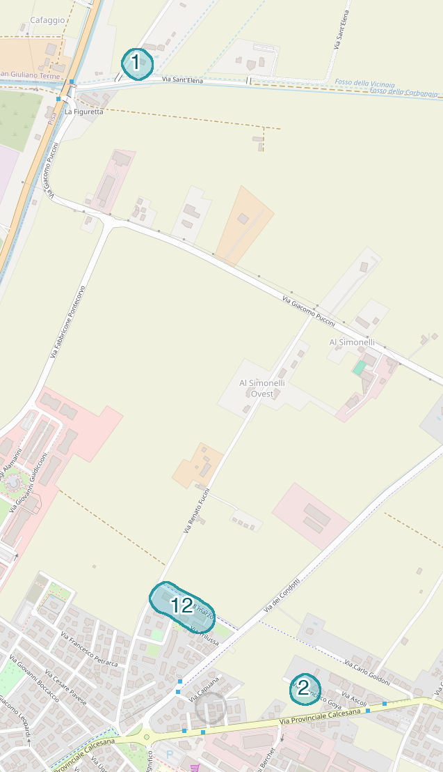 Mappa delle compravendite a Al Simonelli Ovest, raggruppate in aree disegnate attorno alle vendite, con il conteggio di ogni area