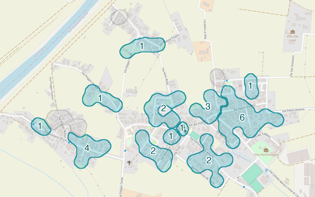 Mappa delle compravendite a Arena Metato, raggruppate in aree disegnate attorno alle vendite, con il conteggio di ogni area