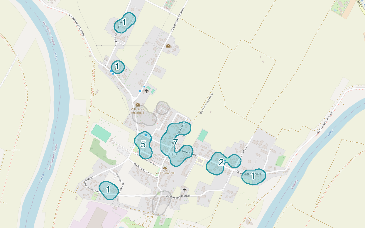 Mappa delle compravendite a Campo, raggruppate in aree disegnate attorno alle vendite, con il conteggio di ogni area