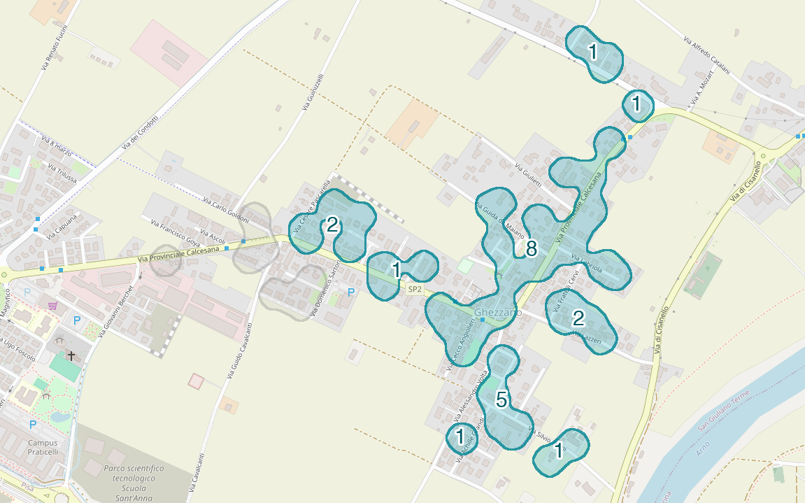 Mappa delle compravendite a Ghezzano, raggruppate in aree disegnate attorno alle vendite, con il conteggio di ogni area