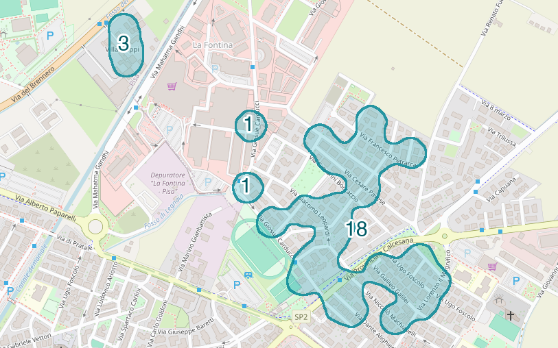 Mappa delle compravendite a La Fontina, raggruppate in aree disegnate attorno alle vendite, con il conteggio di ogni area