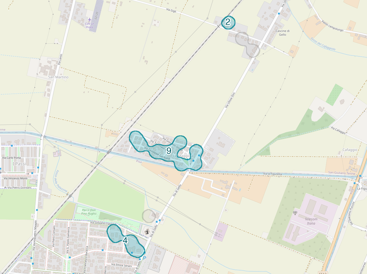 Mappa delle compravendite a Le Maggiola, raggruppate in aree disegnate attorno alle vendite, con il conteggio di ogni area