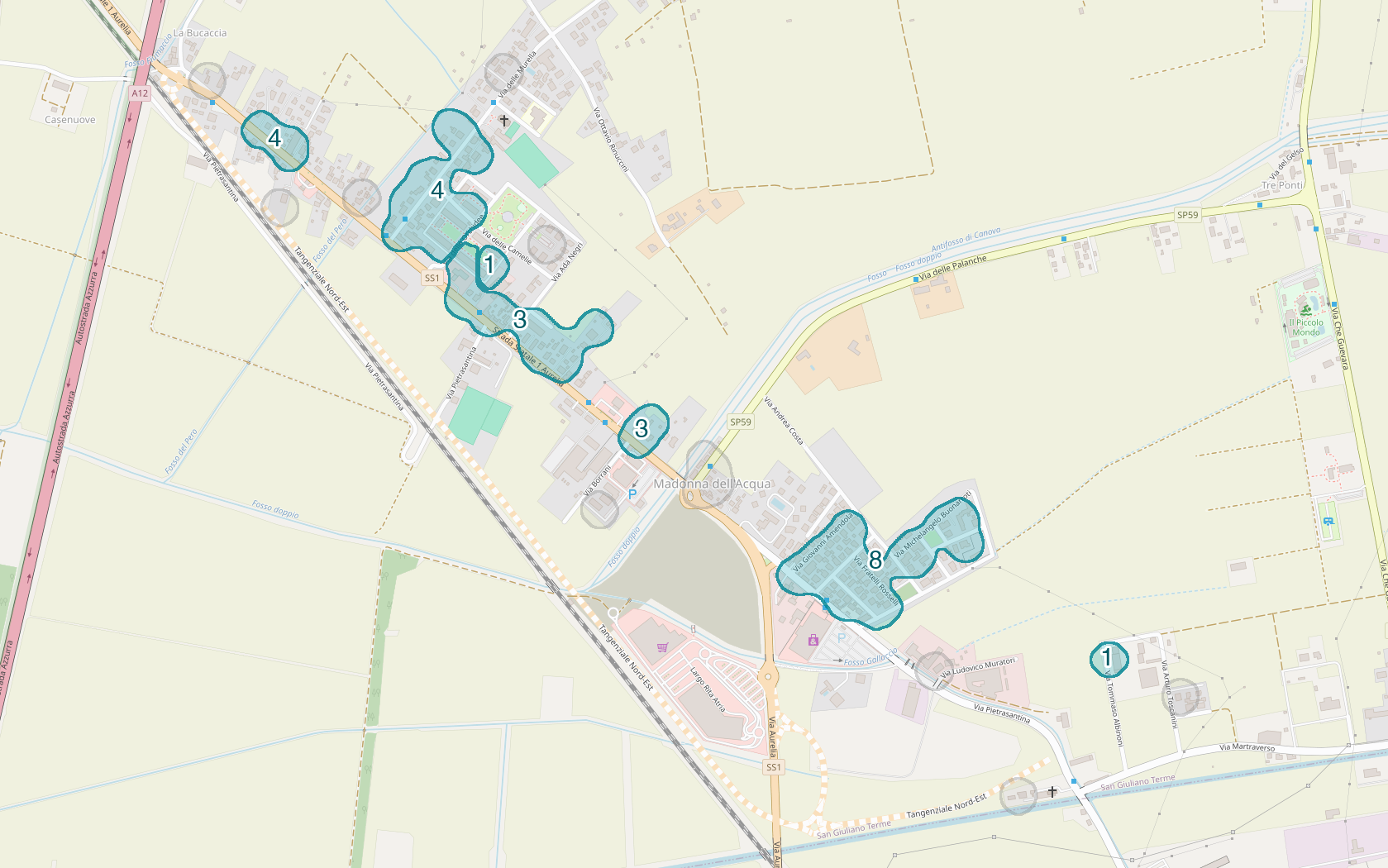 Mappa delle compravendite a Madonna dell'Acqua, raggruppate in aree disegnate attorno alle vendite, con il conteggio di ogni area