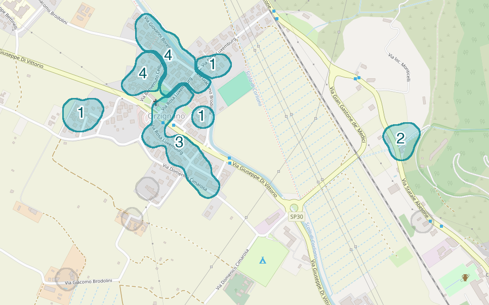 Mappa delle compravendite a Orzignano, raggruppate in aree disegnate attorno alle vendite, con il conteggio di ogni area