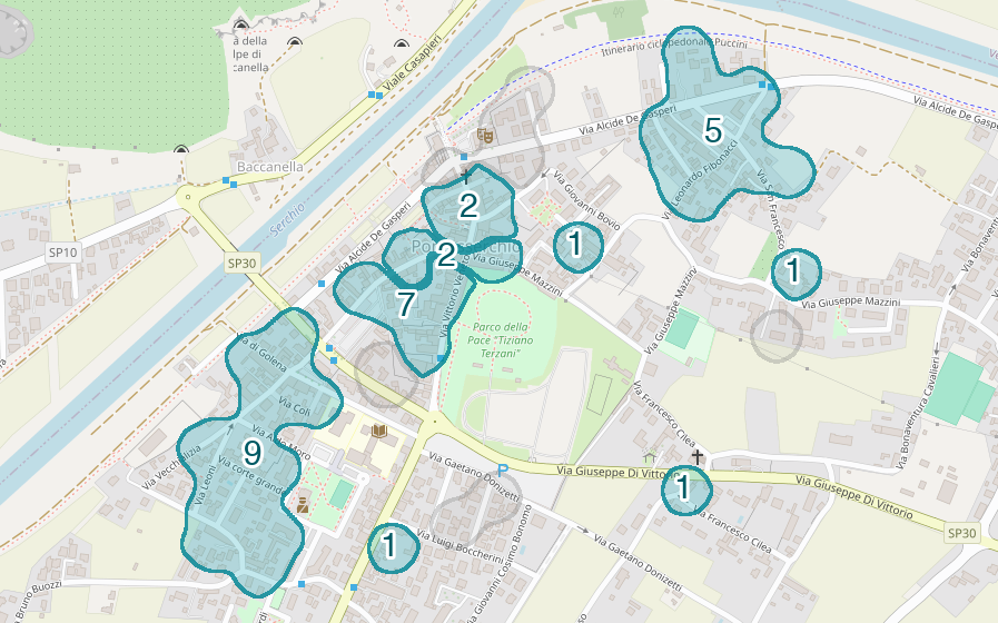 Mappa delle compravendite a Pontasserchio, raggruppate in aree disegnate attorno alle vendite, con il conteggio di ogni area