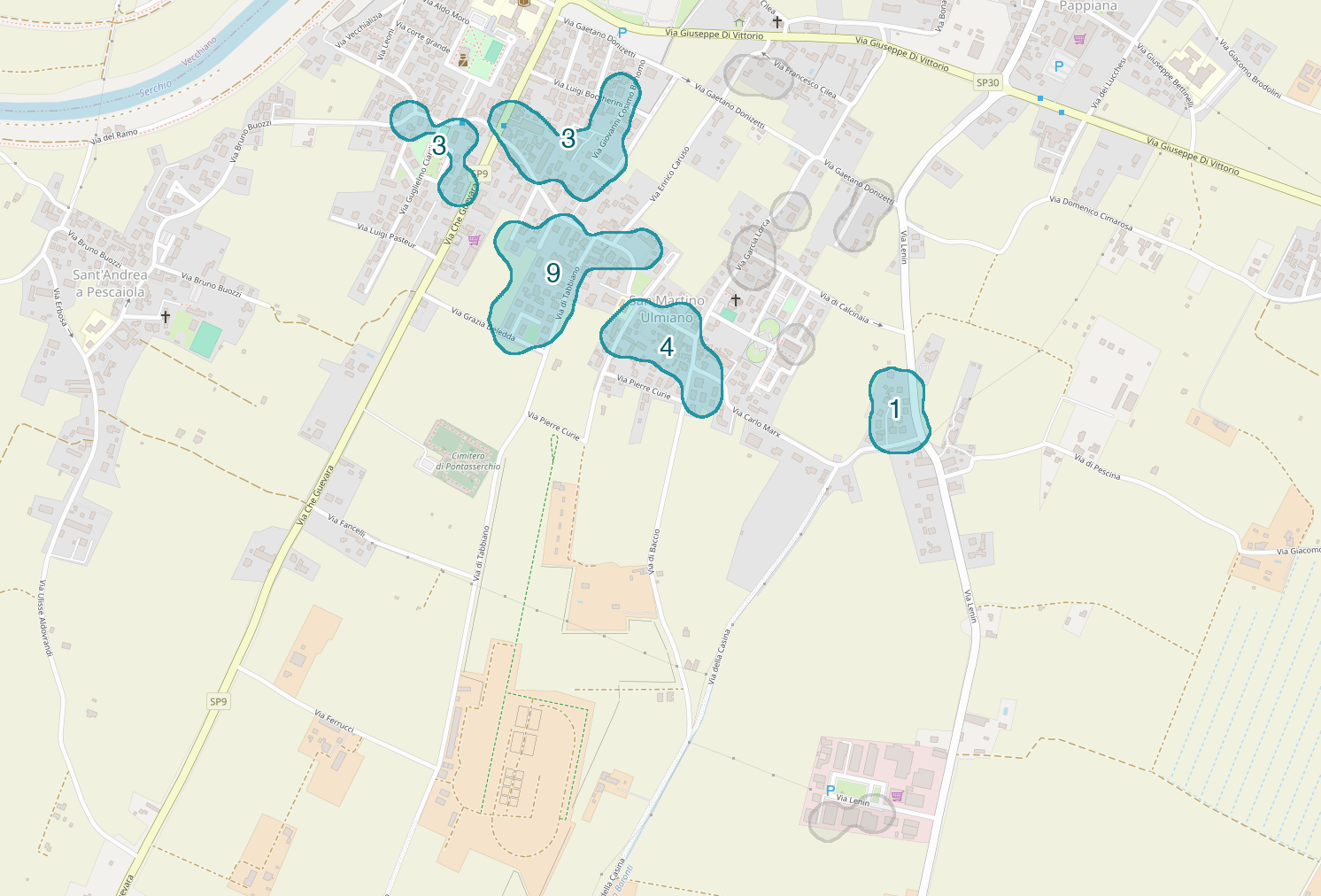 Mappa delle compravendite a San Martino Ulmiano, raggruppate in aree disegnate attorno alle vendite, con il conteggio di ogni area
