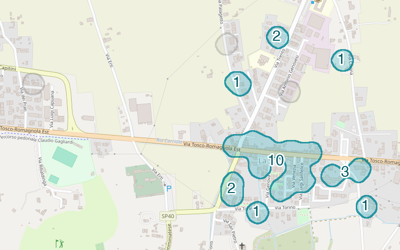 Mappa delle compravendite a La Scala, raggruppate in aree disegnate attorno alle vendite, con il conteggio di ogni area