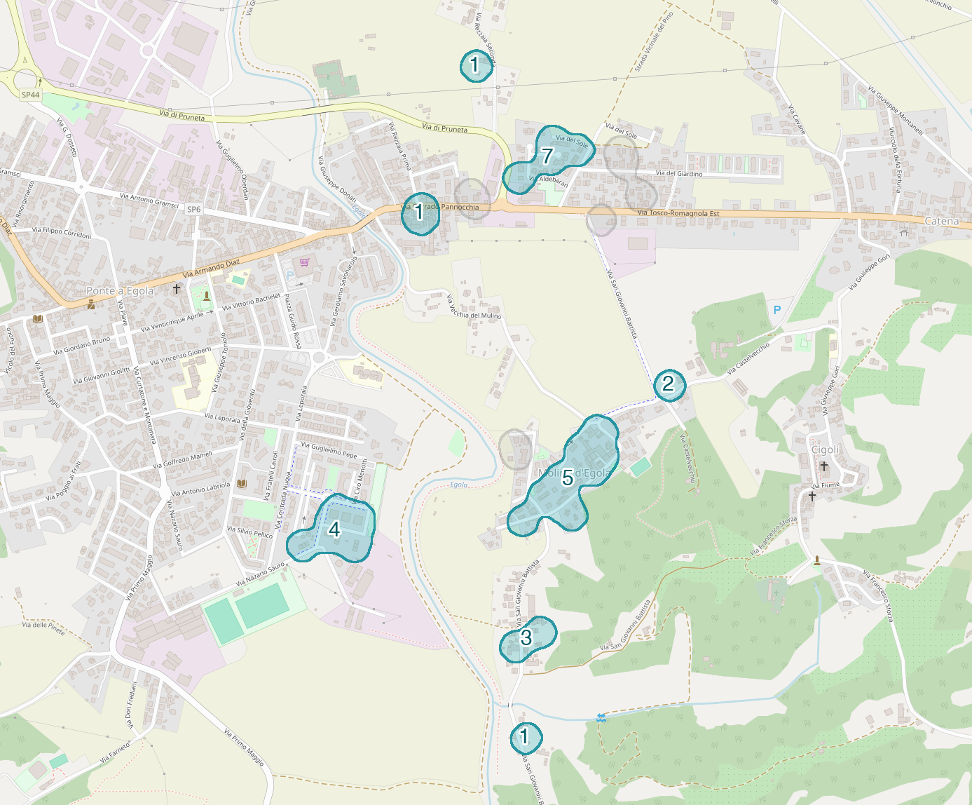 Mappa delle compravendite a Molino d'Egola, raggruppate in aree disegnate attorno alle vendite, con il conteggio di ogni area