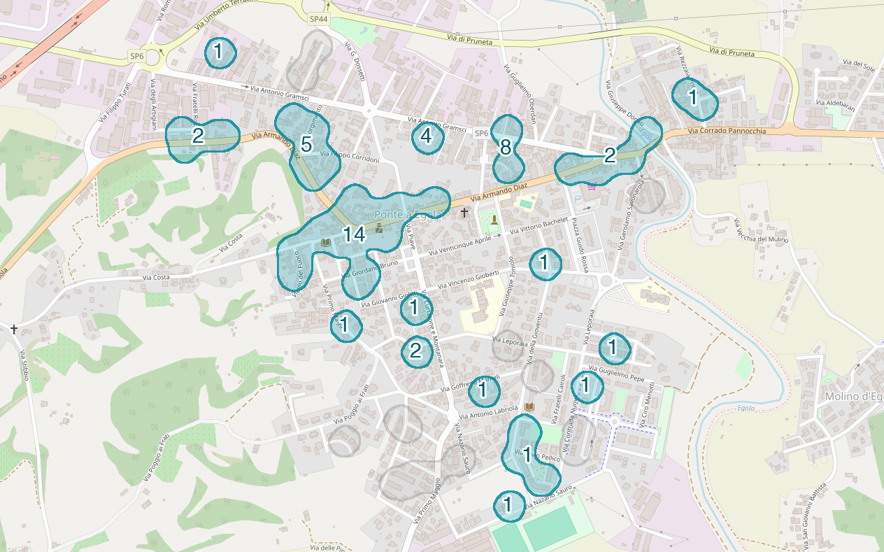 Mappa delle compravendite a Ponte a Egola, raggruppate in aree disegnate attorno alle vendite, con il conteggio di ogni area