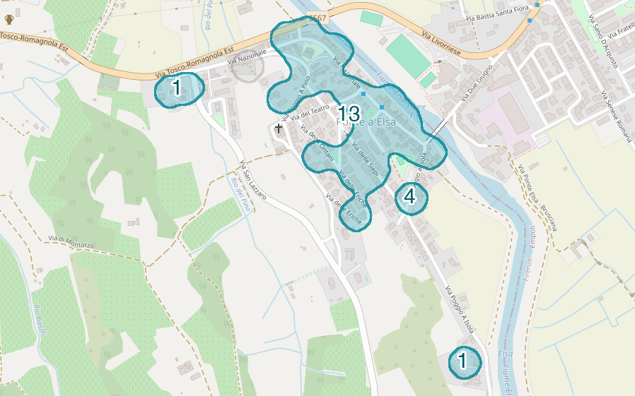 Mappa delle compravendite a Ponte a Elsa, raggruppate in aree disegnate attorno alle vendite, con il conteggio di ogni area