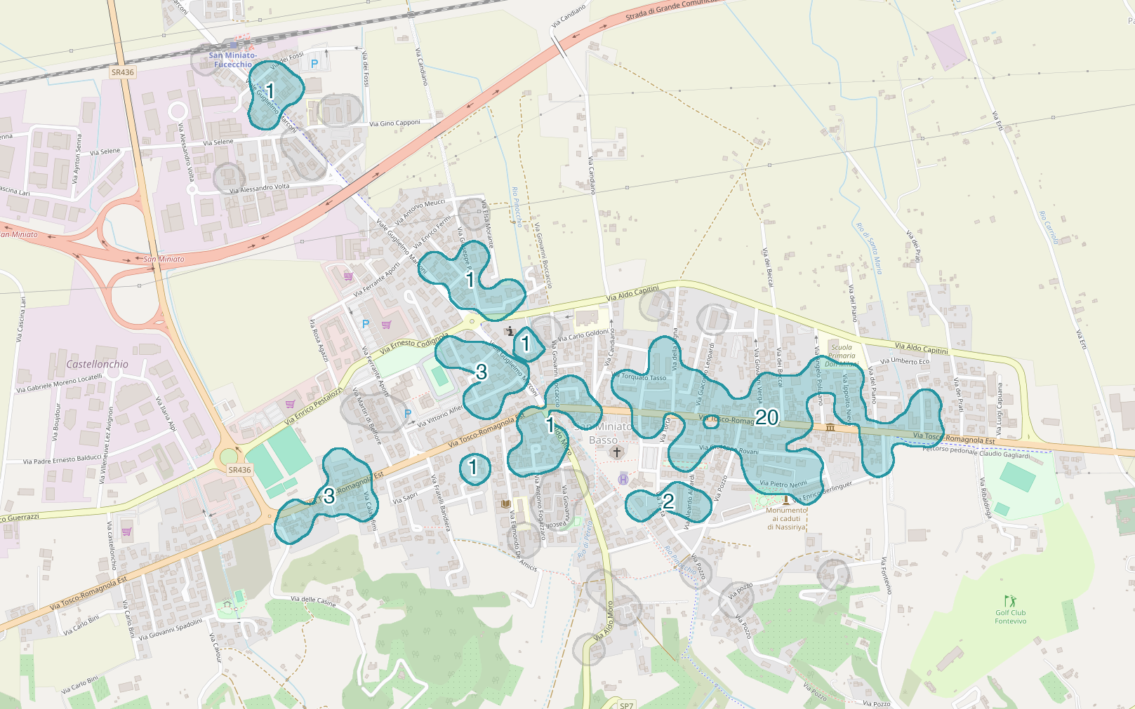 Mappa delle compravendite a San Miniato Basso, raggruppate in aree disegnate attorno alle vendite, con il conteggio di ogni area