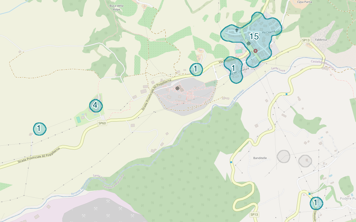 Mappa delle compravendite a Pomaia, raggruppate in aree disegnate attorno alle vendite, con il conteggio di ogni area