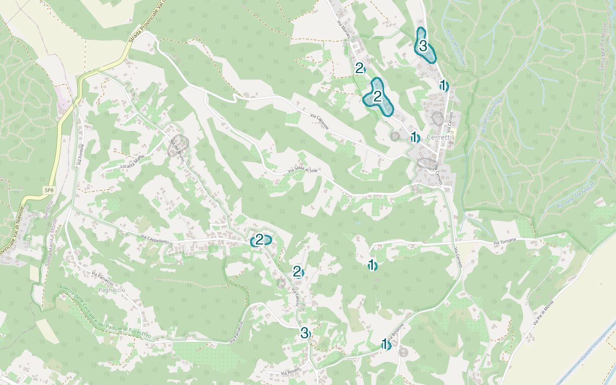 Mappa delle compravendite a Cerretti, raggruppate in aree disegnate attorno alle vendite, con il conteggio di ogni area
