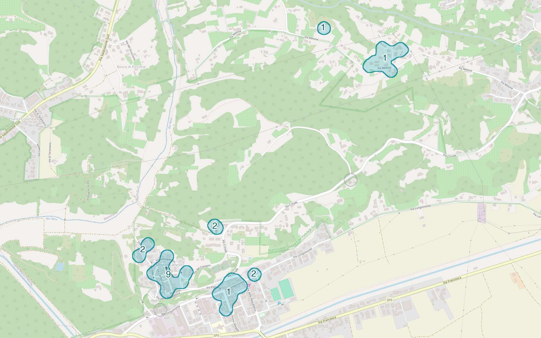 Mappa delle compravendite a Montecalvoli, raggruppate in aree disegnate attorno alle vendite, con il conteggio di ogni area