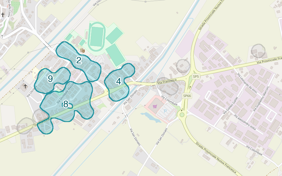 Mappa delle compravendite a Ponticelli, raggruppate in aree disegnate attorno alle vendite, con il conteggio di ogni area