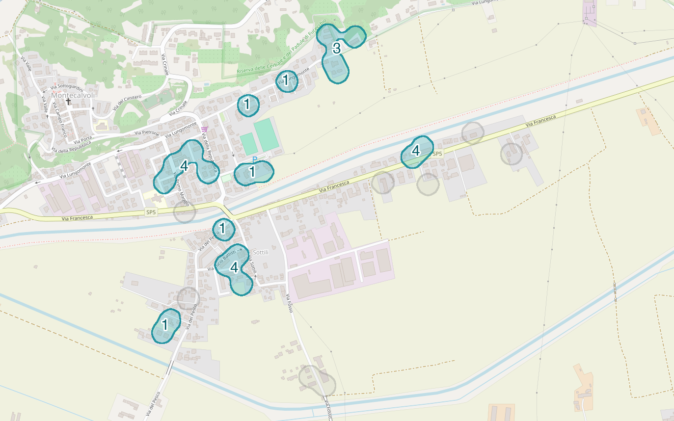 Mappa delle compravendite a Sottili, raggruppate in aree disegnate attorno alle vendite, con il conteggio di ogni area