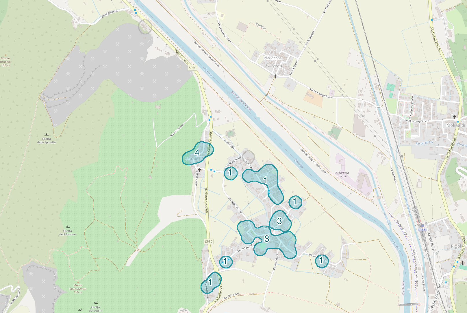 Mappa delle compravendite a Avane, raggruppate in aree disegnate attorno alle vendite, con il conteggio di ogni area