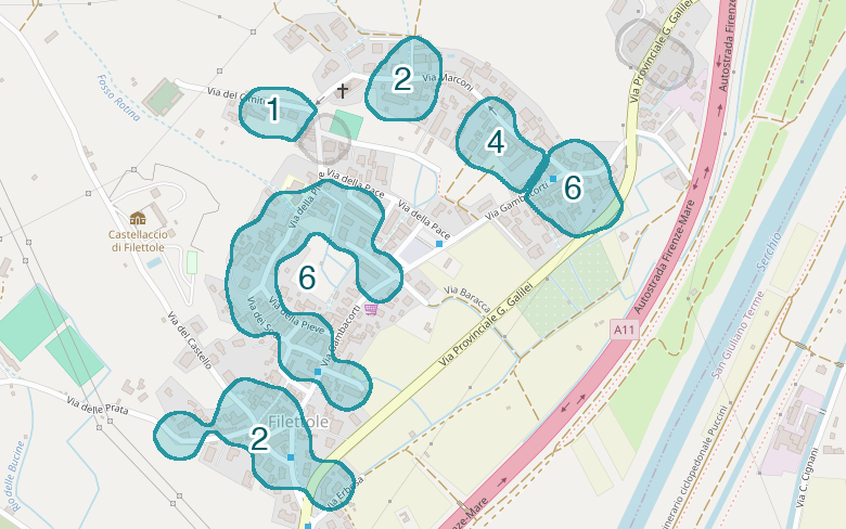 Mappa delle compravendite a Filettole, raggruppate in aree disegnate attorno alle vendite, con il conteggio di ogni area