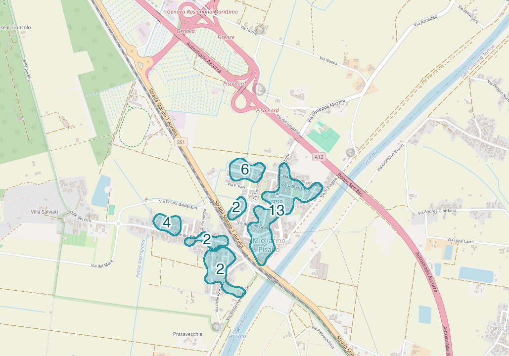 Mappa delle compravendite a Migliarino Pisano, raggruppate in aree disegnate attorno alle vendite, con il conteggio di ogni area