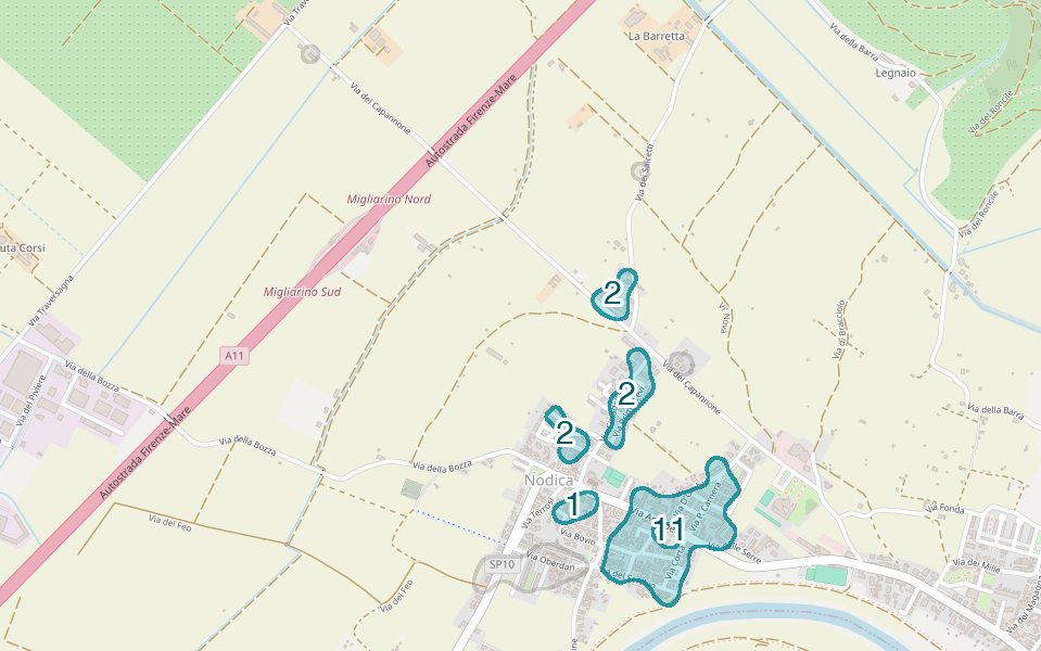 Mappa delle compravendite a Nodica, raggruppate in aree disegnate attorno alle vendite, con il conteggio di ogni area