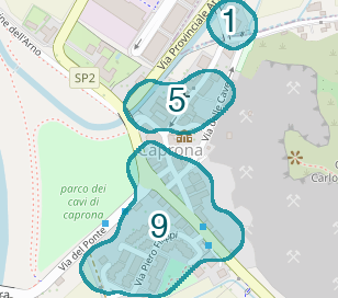 Mappa delle compravendite a Caprona, raggruppate in aree disegnate attorno alle vendite, con il conteggio di ogni area